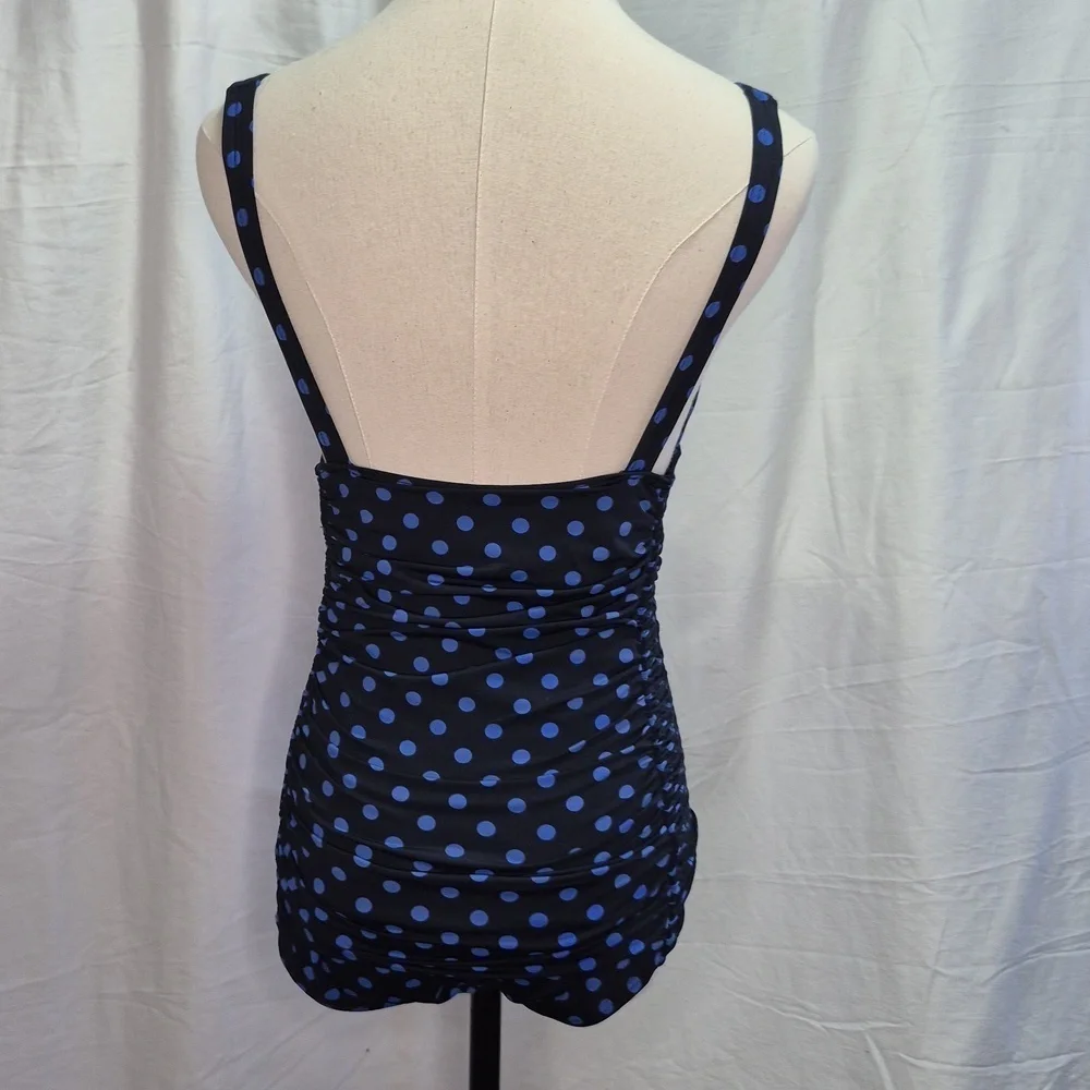 DKNY One Piece Swimsuit Black/Blue Polka Dot Side Ruching V Neck Swimwear Sz 10 - Picture 5 of 15